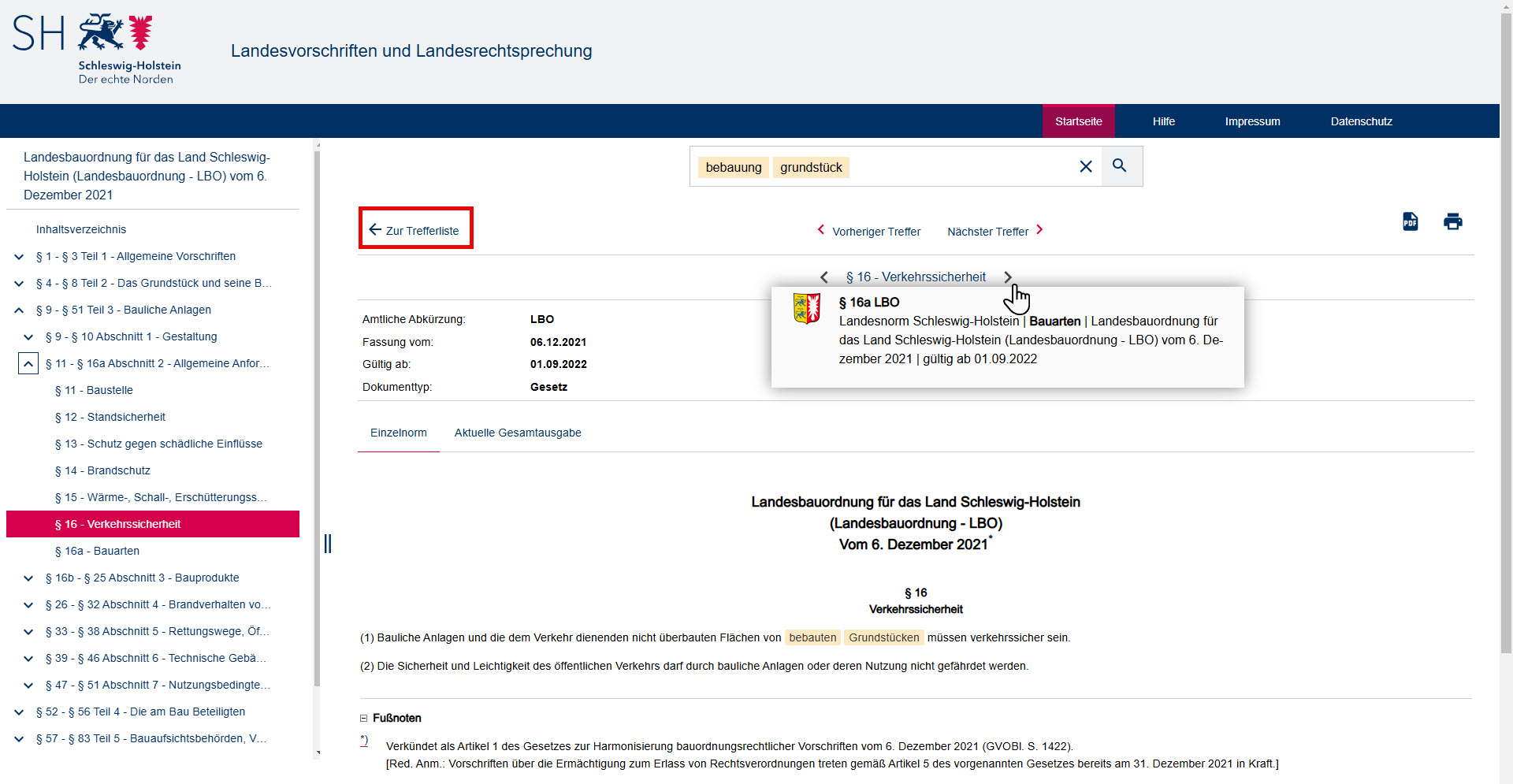 Blättern innerhalb eines Gesetzes, Sprung zurück zur Trefferliste